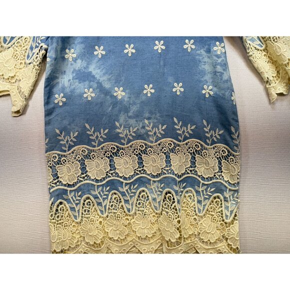Vintage Womens Floral Crochet Embroidered Shift Dress Size S Blue Lace Boho - Picture 4 of 13